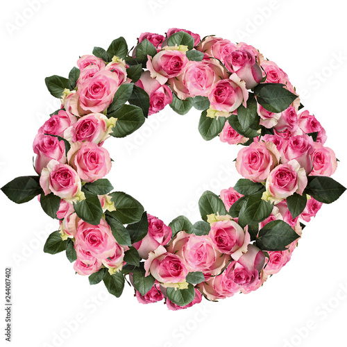Pink and white rose wreath with leaves arranged and isolated over a white background  shot from top view.