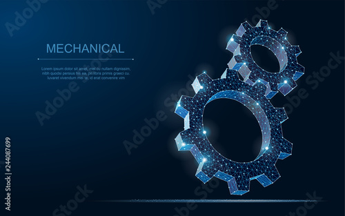 Abstract vector wireframe two gear 3d modern illustration on dark blue background