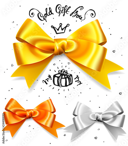 Set of gold, silver and bronze gift bows, satin isolated red glamour bow for birthday and christmas giftbox. Present design element