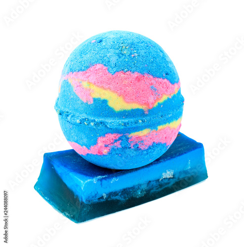 blue handmade soap and bath salt in the form of a ball. Isolated object