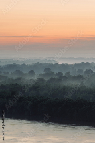 Mystical view on riverbank  of large island with forest under haze at early morning. Eerie mist among layers from tree silhouettes under predawn sky. Morning atmospheric landscape of majestic nature. © Daniil