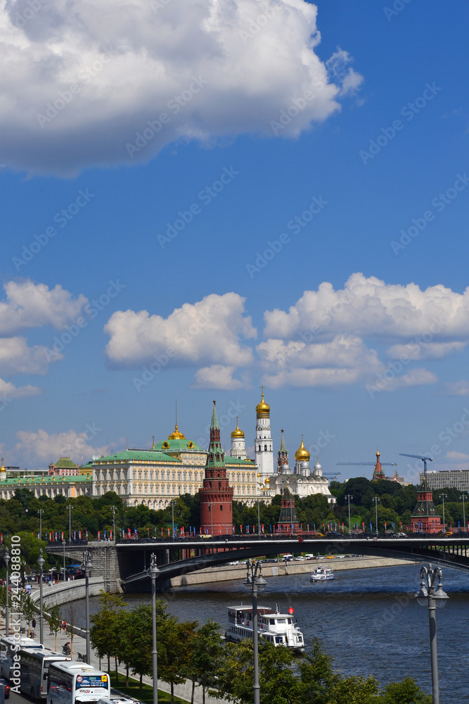 Moscow. Russia. July 2018. - Panoramic view of the Moscow River, the Kremlin on a sunny summer day. Movement along the embankment and across the bridge Moscow. Russia. July 2018. - Panoramic view of the Moscow River, the Kremlin on a sunny summer day. Movement along the embankment and across the bridge
