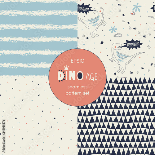 Dinosaur themed vector seamless background set includes cute dino reptiles, stripes and geometric triangle patterns, vector graphics, kids and baby summer textile tee shirt apparel print