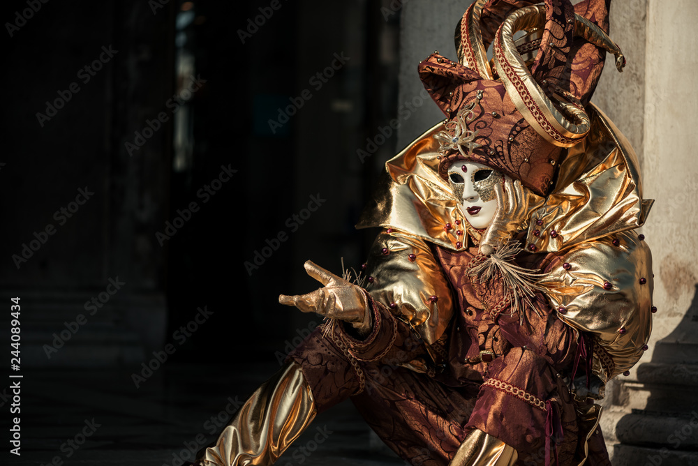 Obraz premium Gesturing person in Venetian carnival costume of Harlequin