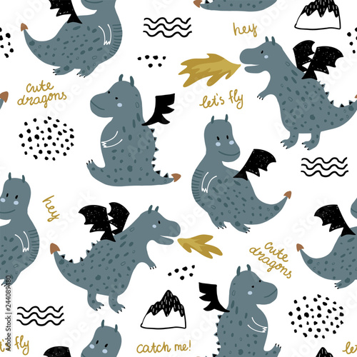 Childish seamless pattern with cute dragons in scandinavian style. Creative vector childish background for fabric, textile