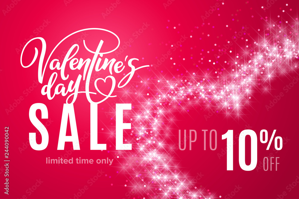 Valentine's day holiday sale 10 percent off with heart of glitter on red background. Limited time only. Template for a banner, poster, shopping, discount, invitation