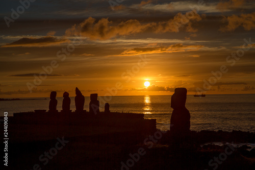 Moai statues in the Rano Raraku Volcano in Easter Island  Rapa Nui National Park  Chile