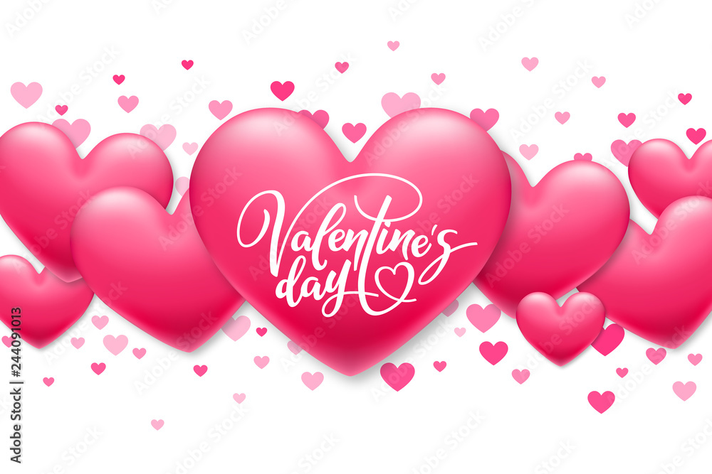 Valentine's day lettering on holiday banner with realistic shiny pink hearts. Template for a banner, poster, shopping, discount, invitation