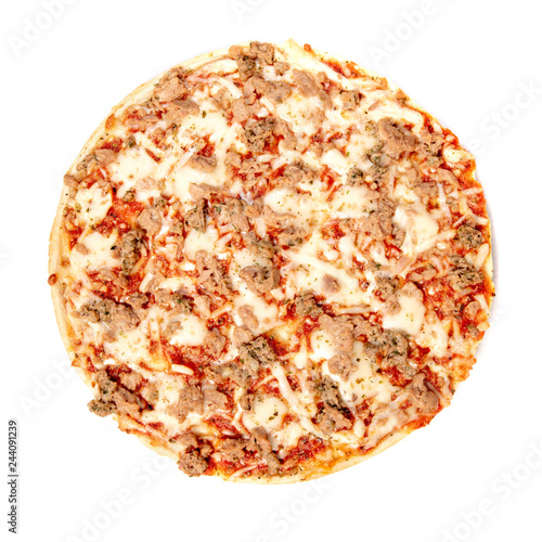 tuna pizza isolated on white, top view