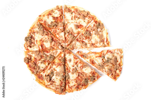 sliced tuna pizza isolated on white, top view