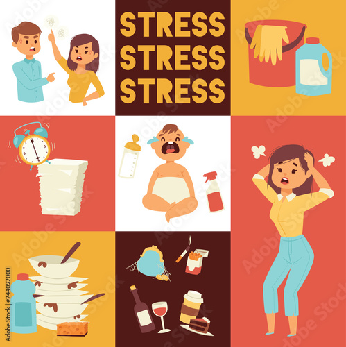 Motherhood, multi-tasking and family concept - tired mother having headache with baby at home. Housework, washing-up and office work. Bad habits. smoking and alcohol drinking.