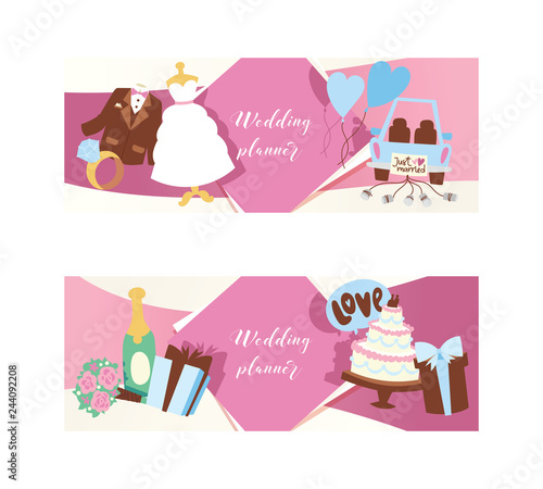 Wedding day party for just married couple horizontal banners vector illustration. Wedding planner with dress, jacket, ring, car just married, gift, cake, champagne, flowers.