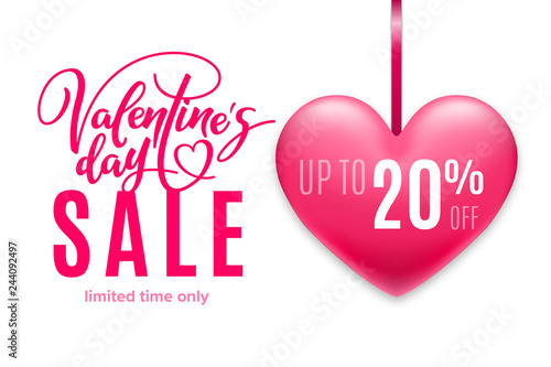 Valentine's day holiday sale 20 percent off with pink heart on white background. Limited time only. Template for a banner, poster, shopping, discount, invitation