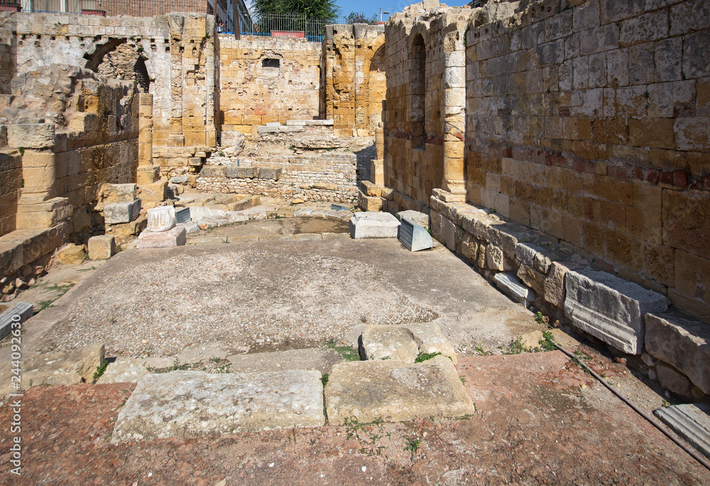 Ruins of medieval church built on Roman amphitheatre arena in Tarragona, Catalonia, Spain