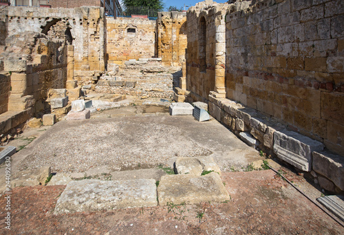 Ruins of medieval church built on Roman amphitheatre arena in Tarragona, Catalonia, Spain