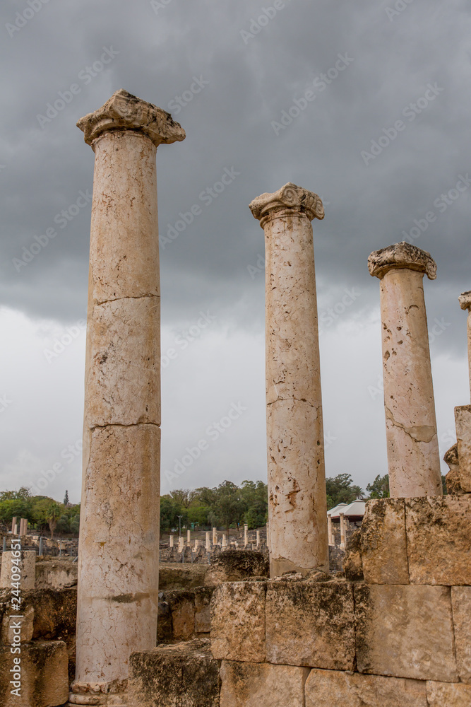 Columns at Remains of the destryed roman city of Beit She'an in the same National Park Columns at Remains of the destryed roman city of Beit She'an in the same National Park