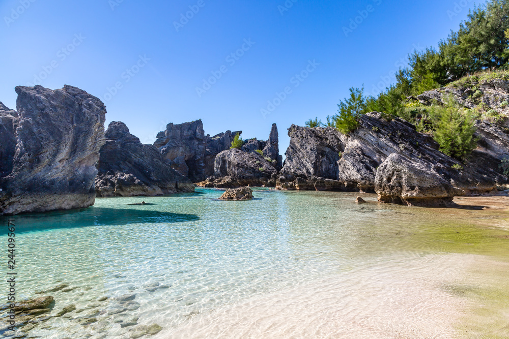 An idyllic cove with rock formations, on the island of Bermuda