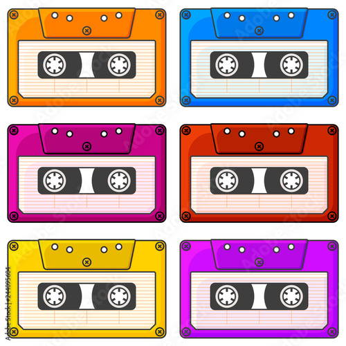 Set of multi-colored audio cassette icons. Isolated vector illustration on white background