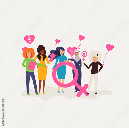 Diverse international and interracial group of happy women. For girls power concept, feminine and feminism ideas, woman empowerment and role cards design