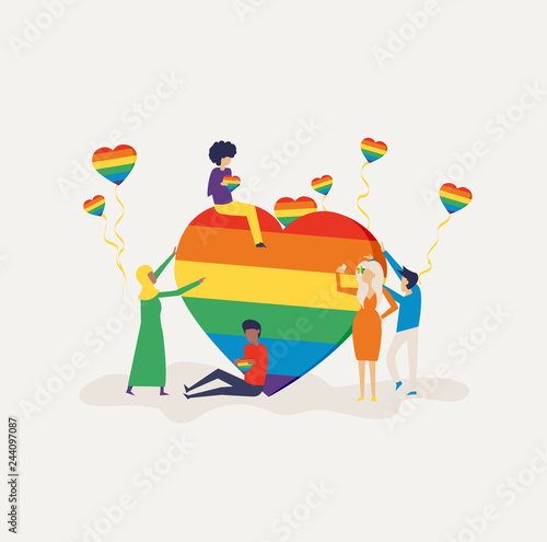 Love parade. A group of people holding a huge rainbow heart. LGBT community. Human rights. LGBTQ. Flat editable vector illustration