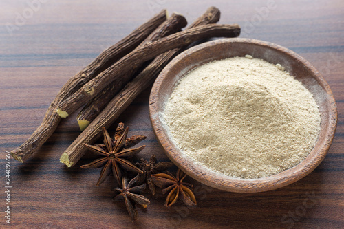 licorice root and flour and anise on the table