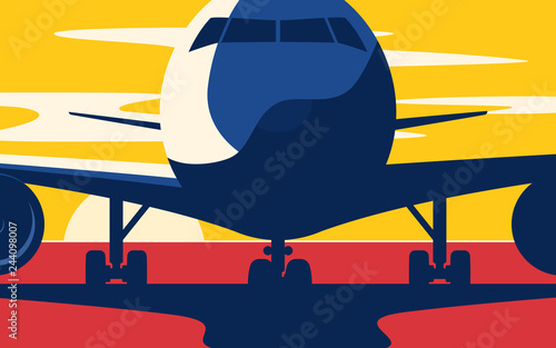 Closeup. Flat style vector illustration of the airliner at sunse