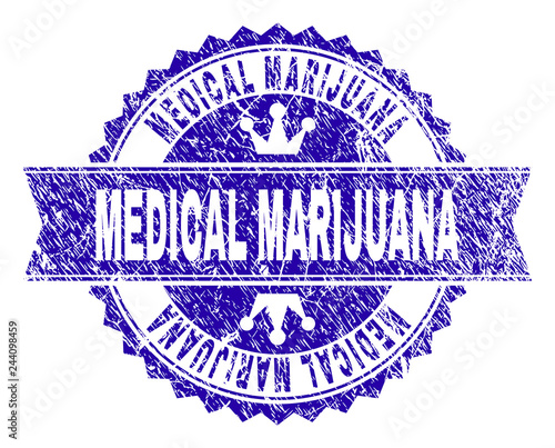 MEDICAL MARIJUANA rosette seal watermark with distress style. Designed with round rosette, ribbon and small crowns. Blue vector rubber print of MEDICAL MARIJUANA text with scratched style.