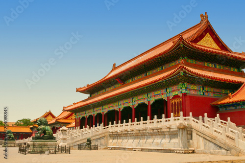 Bronze lions in front of the Hall of Supreme Harmony in Beijing Forbidden City. Beijing China 