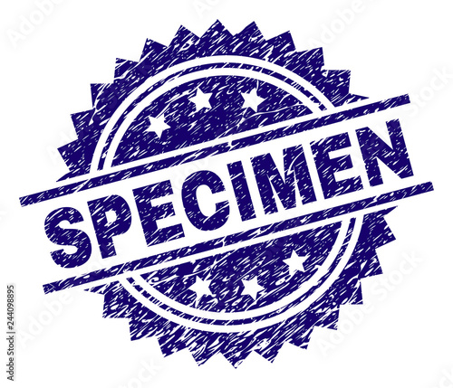 SPECIMEN stamp seal watermark with distress style. Blue vector rubber print of SPECIMEN caption with corroded texture.