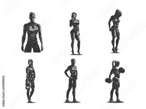 Woman fitness emblem set.