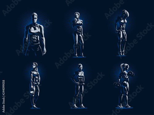 Woman fitness emblem set.