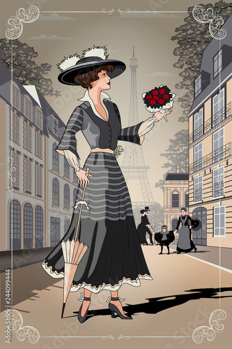 A girl with an umbrella and a bouquet of roses on Paris street. Belle Epoque vintage poster from Paris.