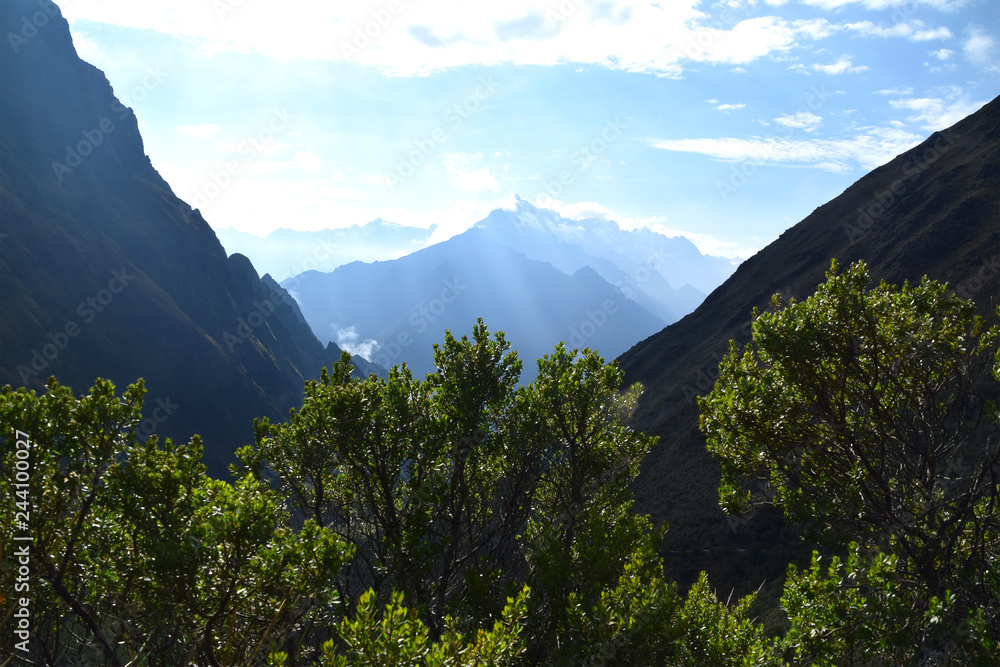 View of the mountains and landscape, just a few hundred meters from the Dead Woman's Pass on the Inca trail in Peru