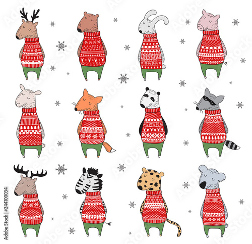 Vector collection of cute winter animals in cozy sweater