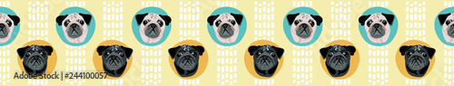 Cute cartoon pug faces in polka dot seamless border, Turquoise and yellow vector design great for tea towels, washi tape, ribbon, fabric edging dog supplies, groomers, dog walkers all all pug lovers!