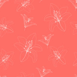 seamless pattern with contour white lilies on a coral background, doodle style, vector, suitable for printing on fabric, paper, covers, packages, cards, invitations.