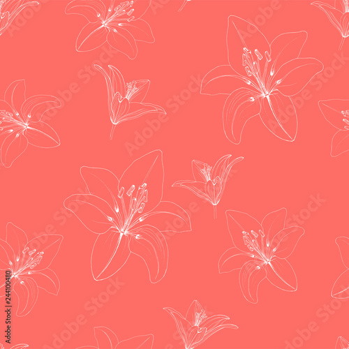 Fototapeta Naklejka Na Ścianę i Meble -  seamless pattern with contour white lilies on a coral background, doodle style, vector, suitable for printing on fabric, paper, covers, packages, cards, invitations.