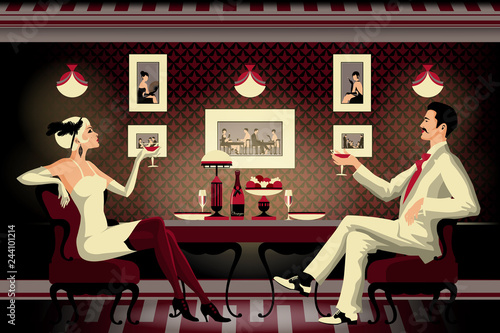 A couple in a restaurant of the early 20th century.