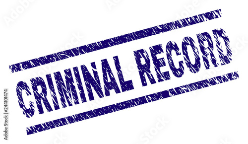 CRIMINAL RECORD seal print with grunge style. Blue vector rubber print of CRIMINAL RECORD tag with grunge texture. Text caption is placed between parallel lines.