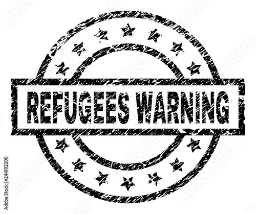 REFUGEES WARNING stamp seal watermark with distress style. Designed with rectangle, circles and stars. Black vector rubber print of REFUGEES WARNING tag with dust texture.