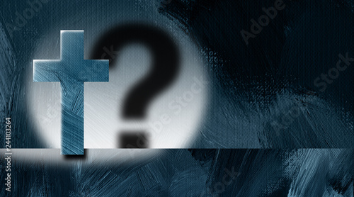 Christian cross with question mark cast shadow spotlight graphic background