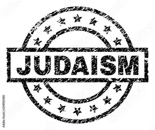 JUDAISM stamp seal watermark with distress style. Designed with rectangle, circles and stars. Black vector rubber print of JUDAISM tag with dirty texture.