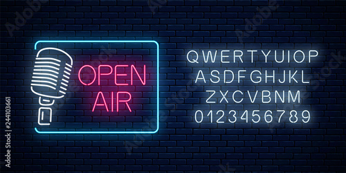 Neon open air signboard with microphone in restangle frame and alphabet. Open air with live speaking concert icon.