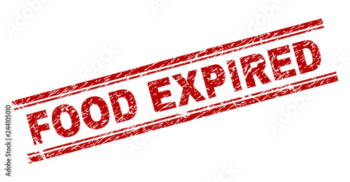 FOOD EXPIRED seal print with corroded texture. Red vector rubber print of FOOD EXPIRED label with corroded texture. Text caption is placed between double parallel lines.