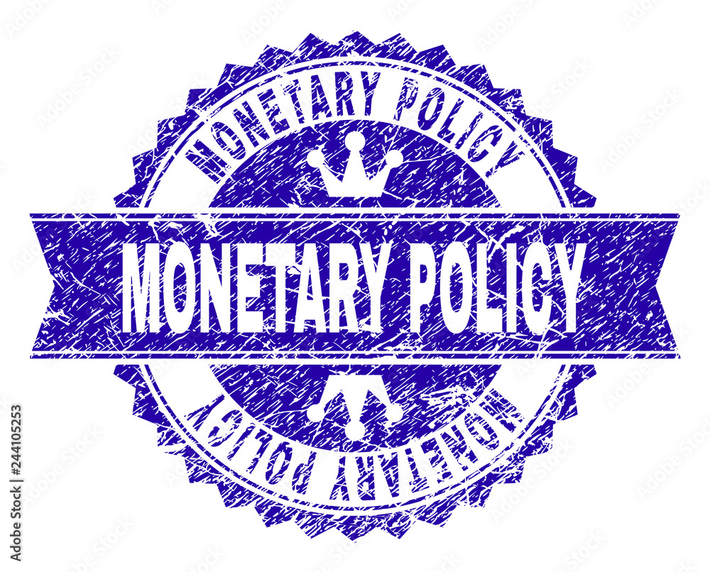 MONETARY POLICY rosette seal watermark with distress style. Designed with round rosette, ribbon and small crowns. Blue vector rubber watermark of MONETARY POLICY caption with dirty style. MONETARY POLICY rosette seal watermark with distress style. Designed with round rosette, ribbon and small crowns. Blue vector rubber watermark of MONETARY POLICY caption with dirty style.