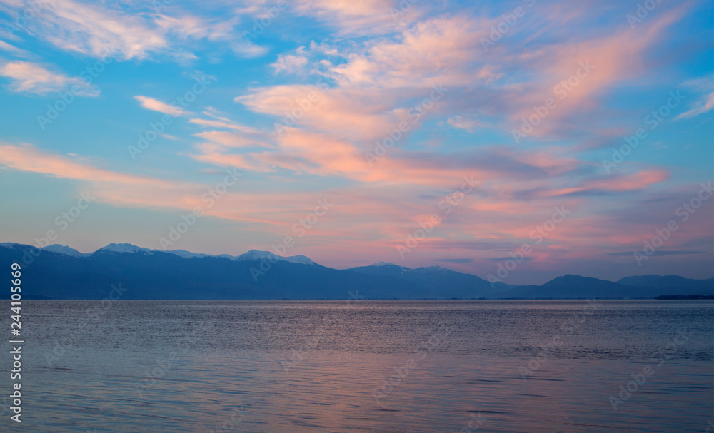 Landscape. Sunrise in gently pink over Lake Ohrid, Macedonia. Landscape. Sunrise in gently pink over Lake Ohrid, Macedonia.