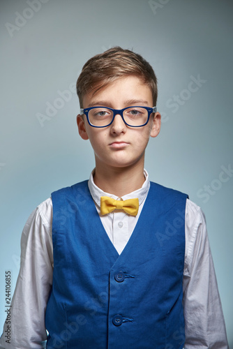 teen boy in glasses and shirt, photo for document