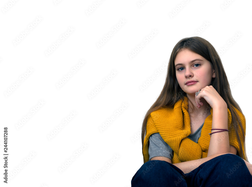 blue eyed brown haired shy girl with flowing hair. Isolated studio model shot. blue eyed brown haired shy girl with flowing hair. Isolated studio model shot.