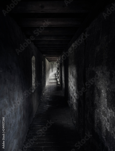 Ancient corridor with beams of light. Dark hallway in a medieval building.