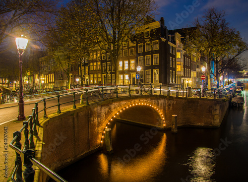 Beautiful blue hour over Amsterdam canal